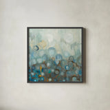 Blue and Bronze Dots VIII by Danhui Nai. Shown in a sleek black glass frame for a contemporary gallery look. Available as an archival giclee rolled canvas, fine art paper, or poster print. SKU 29770a.