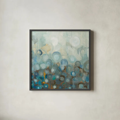 Blue and Bronze Dots VIII by Danhui Nai. Shown in a sleek black glass frame for a contemporary gallery look. Available as an archival giclee rolled canvas, fine art paper, or poster print. SKU 29770a.