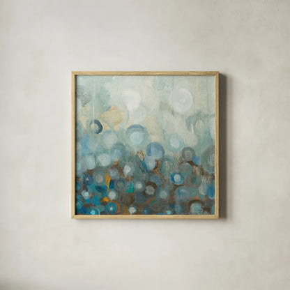 Blue and Bronze Dots VIII by Danhui Nai. Shown in a natural wood glass frame for a timeless modern aesthetic. Available as an archival giclee rolled canvas, fine art paper, or poster print. SKU 29770a.