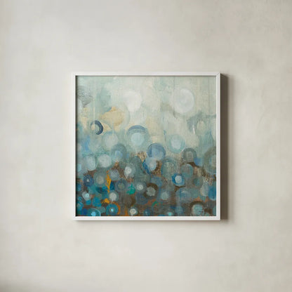 Blue and Bronze Dots VIII by Danhui Nai. Shown in a crisp white glass frame for a clean and minimalist style. Available as an archival giclee rolled canvas, fine art paper, or poster print. SKU 29770a.