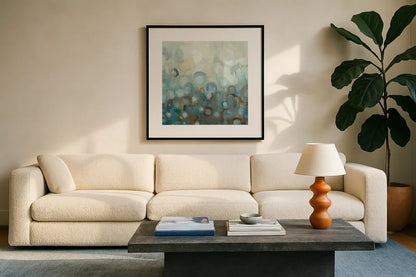 Blue and Bronze Dots VIII by Danhui Nai. Displayed in a glass frame with matte in a clean modern living room. Available as an archival giclee rolled canvas, fine art paper, or poster print. SKU 29770a.