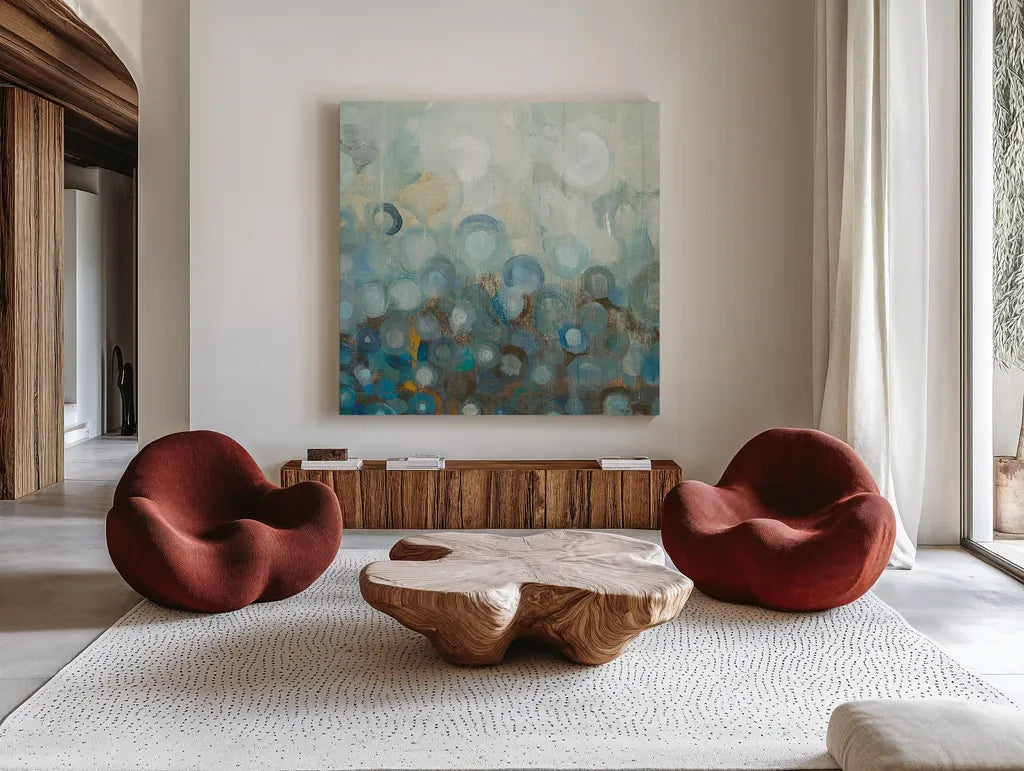 Blue and Bronze Dots VIII by Danhui Nai. Shown as extra-large giant wall art in a modern living room. Available as an archival giclee rolled canvas, fine art paper, or poster print. SKU 29770a.