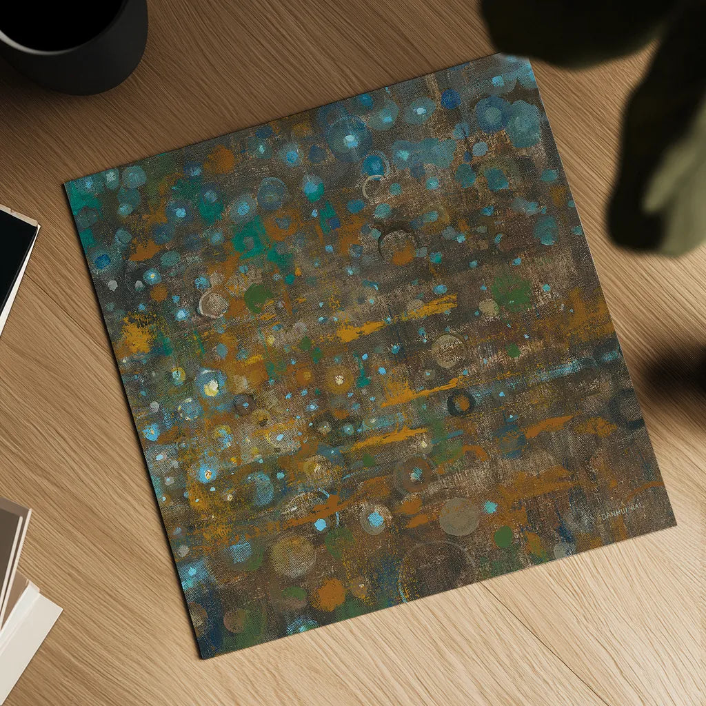 Blue and Bronze Dots X by Danhui Nai. Shown as a detailed flat fine art print, highlighting archival giclee quality. Available as an archival giclee rolled canvas, fine art paper, or poster print. SKU 29772a.