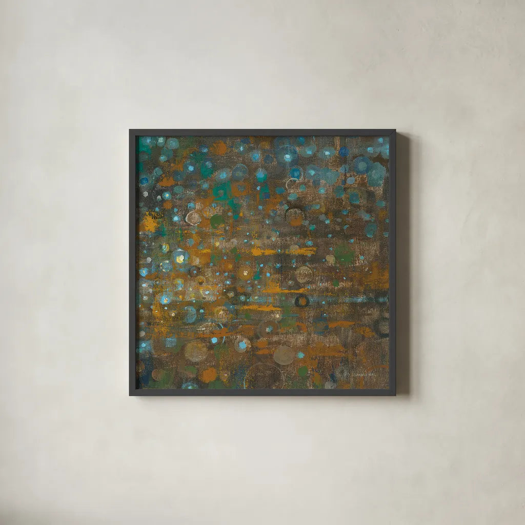 Blue and Bronze Dots X by Danhui Nai. Shown in a sleek black glass frame for a contemporary gallery look. Available as an archival giclee rolled canvas, fine art paper, or poster print. SKU 29772a.