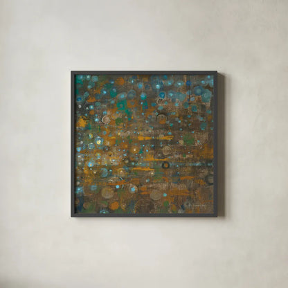 Blue and Bronze Dots X by Danhui Nai. Shown in a sleek black glass frame for a contemporary gallery look. Available as an archival giclee rolled canvas, fine art paper, or poster print. SKU 29772a.