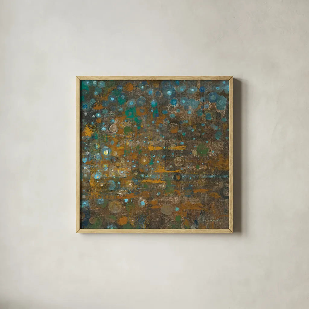 Blue and Bronze Dots X by Danhui Nai. Shown in a natural wood glass frame for a timeless modern aesthetic. Available as an archival giclee rolled canvas, fine art paper, or poster print. SKU 29772a.