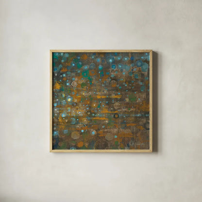 Blue and Bronze Dots X by Danhui Nai. Shown in a natural wood glass frame for a timeless modern aesthetic. Available as an archival giclee rolled canvas, fine art paper, or poster print. SKU 29772a.
