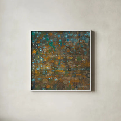 Blue and Bronze Dots X by Danhui Nai. Shown in a crisp white glass frame for a clean and minimalist style. Available as an archival giclee rolled canvas, fine art paper, or poster print. SKU 29772a.