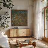 Blue and Bronze Dots X by Danhui Nai. Shown in a natural wood frame in a cozy modern living room. Available as an archival giclee rolled canvas, fine art paper, or poster print. SKU 29772a.