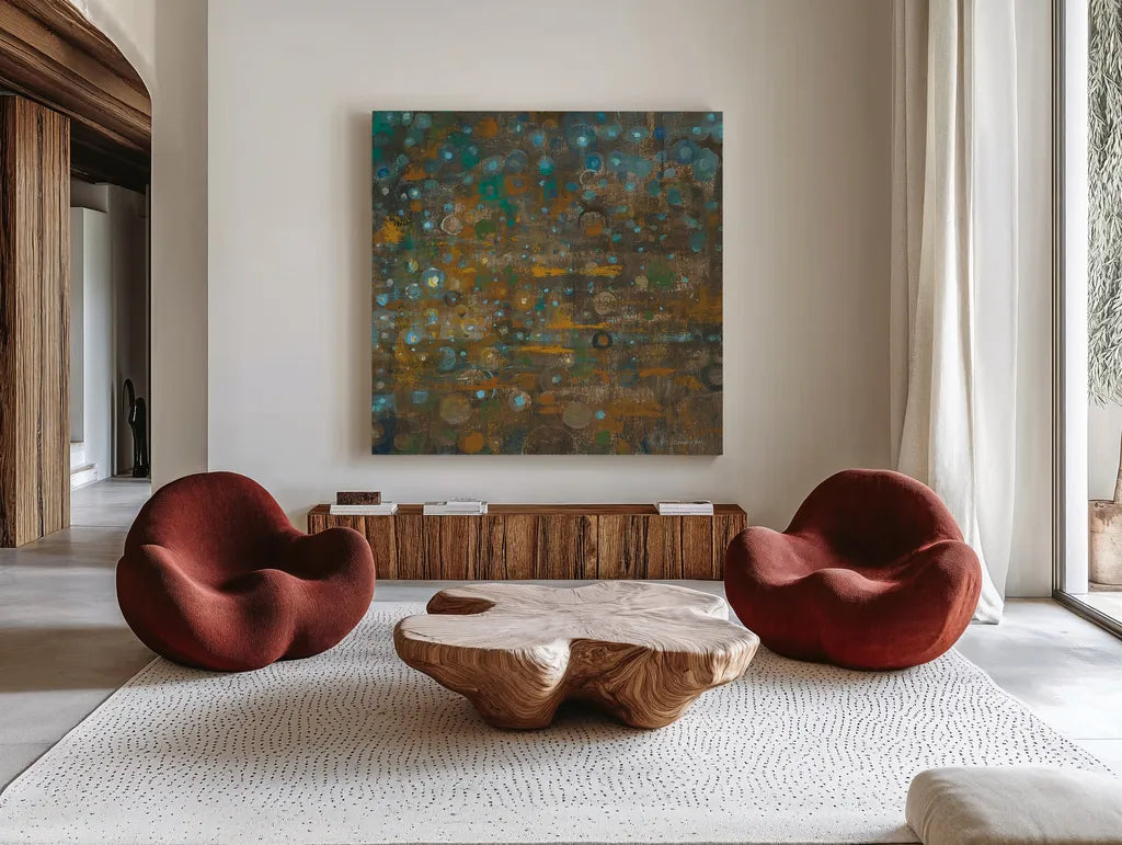 Blue and Bronze Dots X by Danhui Nai. Shown as extra-large giant wall art in a modern living room. Available as an archival giclee rolled canvas, fine art paper, or poster print. SKU 29772a.