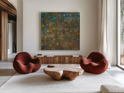 Blue and Bronze Dots X by Danhui Nai. Shown as extra-large giant wall art in a modern living room. Available as an archival giclee rolled canvas, fine art paper, or poster print. SKU 29772a.