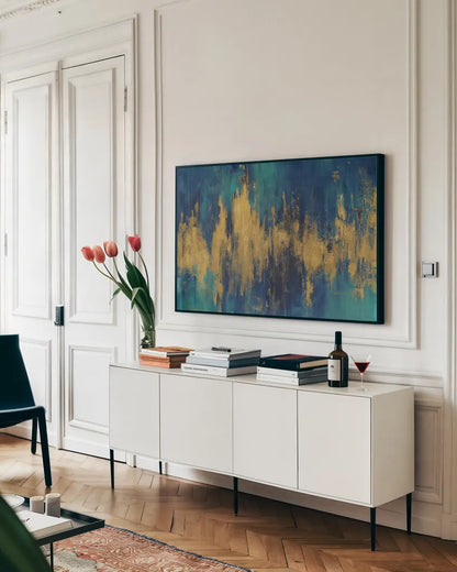 Blue and Gold Abstract Crop by Danhui Nai. shown as a framed stretched canvas in a living room above a console. Available as a archival giclee rolled canvas, fine art paper, or poster print. SKU 65135i.