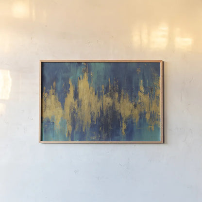 Blue and Gold Abstract Crop by Danhui Nai. shown as a paper print in a natural frame. Available as a archival giclee rolled canvas, fine art paper, or poster print. SKU 65135i.