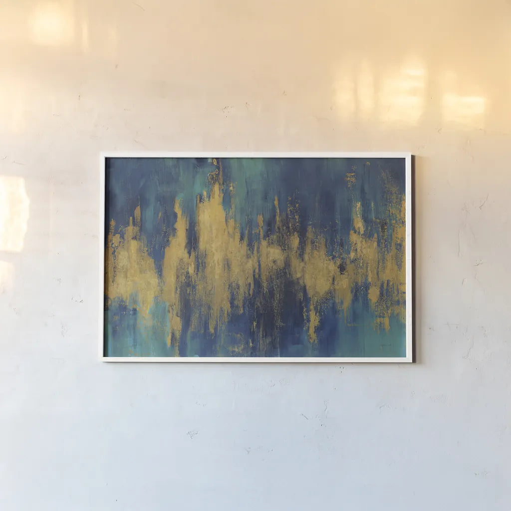 Blue and Gold Abstract Crop by Danhui Nai. shown as a paper print in a white frame. Available as a archival giclee rolled canvas, fine art paper, or poster print. SKU 65135i.