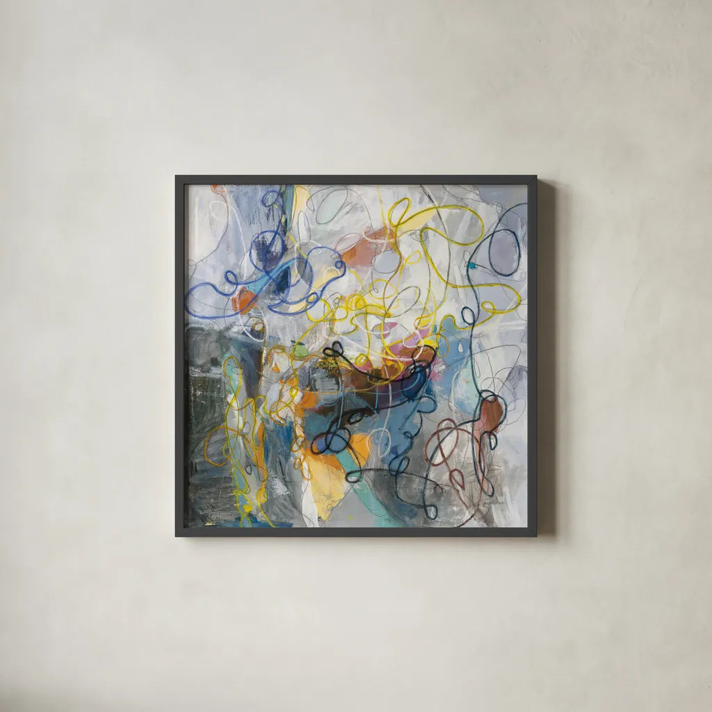 Blue and Sienna Abstract by Danhui Nai. Shown in a sleek black glass frame for a contemporary gallery look. Available as an archival giclee rolled canvas, fine art paper, or poster print. SKU 69231a.