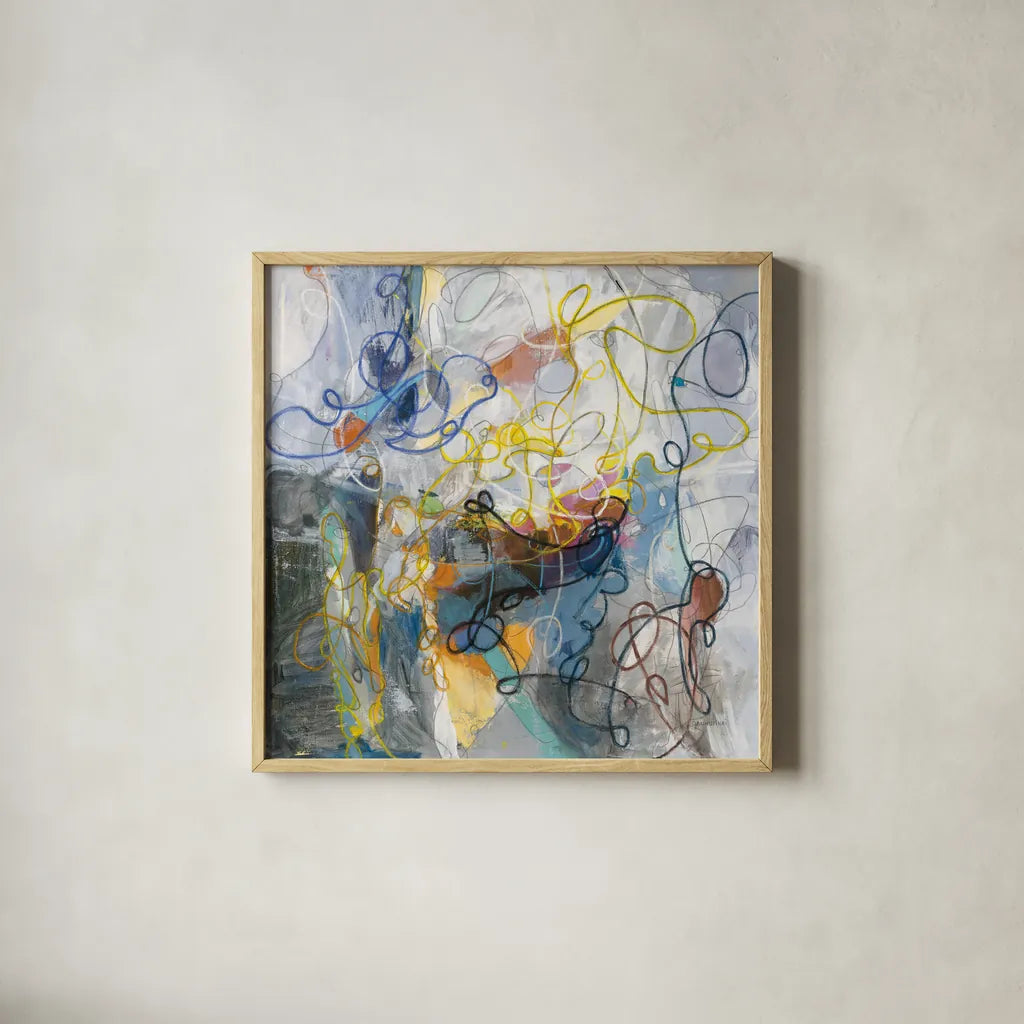 Blue and Sienna Abstract by Danhui Nai. Shown in a natural wood glass frame for a timeless modern aesthetic. Available as an archival giclee rolled canvas, fine art paper, or poster print. SKU 69231a.