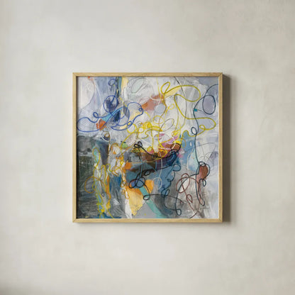 Blue and Sienna Abstract by Danhui Nai. Shown in a natural wood glass frame for a timeless modern aesthetic. Available as an archival giclee rolled canvas, fine art paper, or poster print. SKU 69231a.
