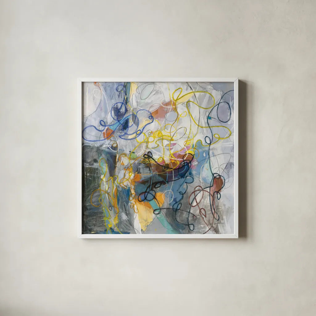 Blue and Sienna Abstract by Danhui Nai. Shown in a crisp white glass frame for a clean and minimalist style. Available as an archival giclee rolled canvas, fine art paper, or poster print. SKU 69231a.