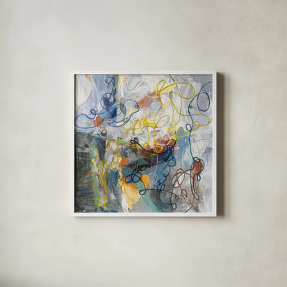 Blue and Sienna Abstract by Danhui Nai. Shown in a crisp white glass frame for a clean and minimalist style. Available as an archival giclee rolled canvas, fine art paper, or poster print. SKU 69231a.