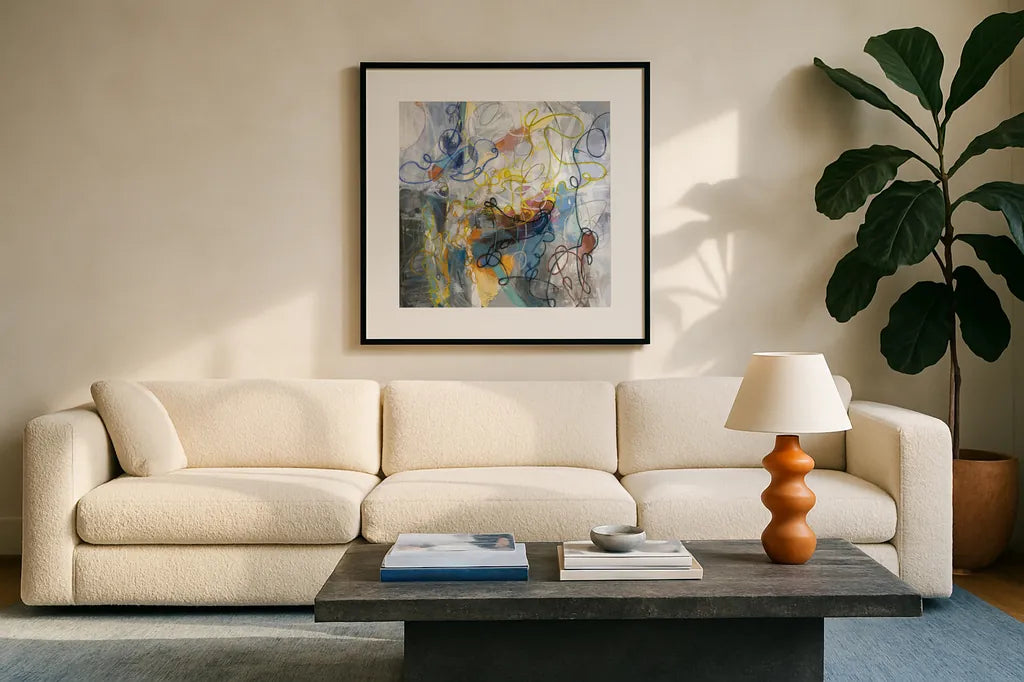 Blue and Sienna Abstract by Danhui Nai. Displayed in a glass frame with matte in a clean modern living room. Available as an archival giclee rolled canvas, fine art paper, or poster print. SKU 69231a.