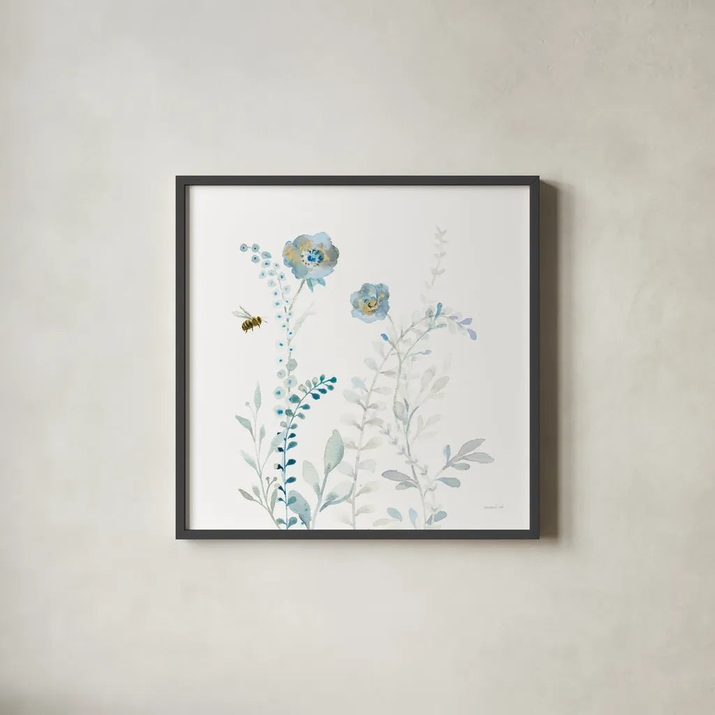 Blues of Summer IX by Danhui Nai. Shown in a sleek black glass frame for a contemporary gallery look. Available as an archival giclee rolled canvas, fine art paper, or poster print. SKU 63932a.