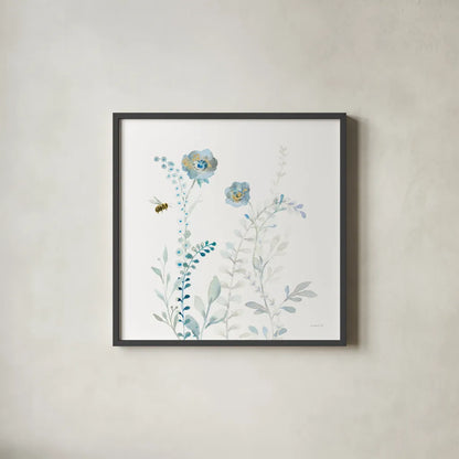 Blues of Summer IX by Danhui Nai. Shown in a sleek black glass frame for a contemporary gallery look. Available as an archival giclee rolled canvas, fine art paper, or poster print. SKU 63932a.