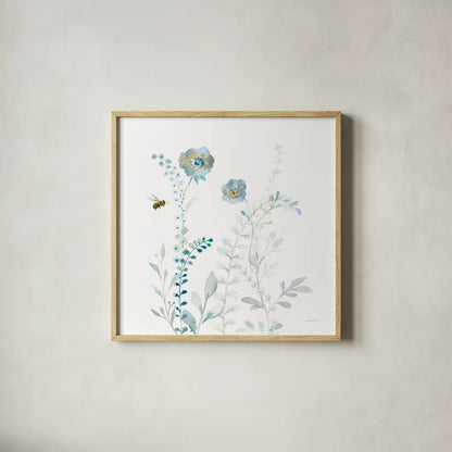 Blues of Summer IX by Danhui Nai. Shown in a natural wood glass frame for a timeless modern aesthetic. Available as an archival giclee rolled canvas, fine art paper, or poster print. SKU 63932a.