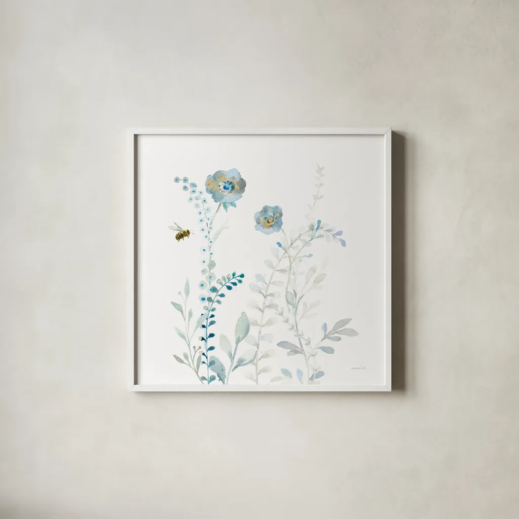 Blues of Summer IX by Danhui Nai. Shown in a crisp white glass frame for a clean and minimalist style. Available as an archival giclee rolled canvas, fine art paper, or poster print. SKU 63932a.