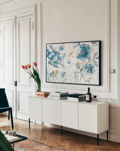 Blues of Summer V by Danhui Nai. shown as a framed stretched canvas in a living room above a console. Available as a archival giclee rolled canvas, fine art paper, or poster print. SKU 63928i.