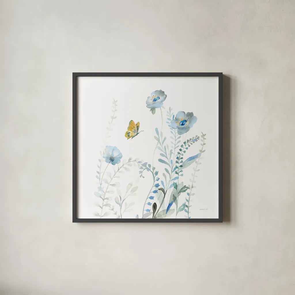 Blues of Summer VI by Danhui Nai. Shown in a sleek black glass frame for a contemporary gallery look. Available as an archival giclee rolled canvas, fine art paper, or poster print. SKU 63929a.