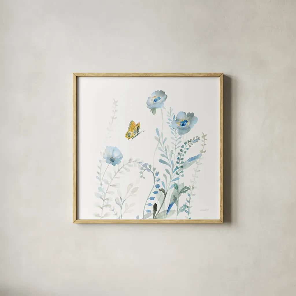 Blues of Summer VI by Danhui Nai. Shown in a natural wood glass frame for a timeless modern aesthetic. Available as an archival giclee rolled canvas, fine art paper, or poster print. SKU 63929a.