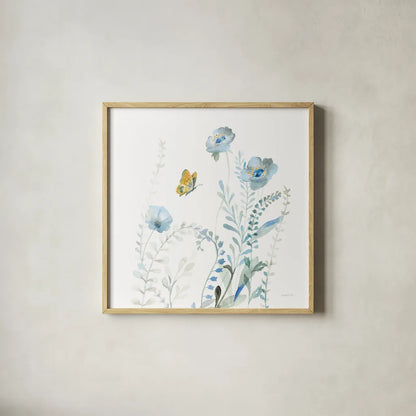 Blues of Summer VI by Danhui Nai. Shown in a natural wood glass frame for a timeless modern aesthetic. Available as an archival giclee rolled canvas, fine art paper, or poster print. SKU 63929a.