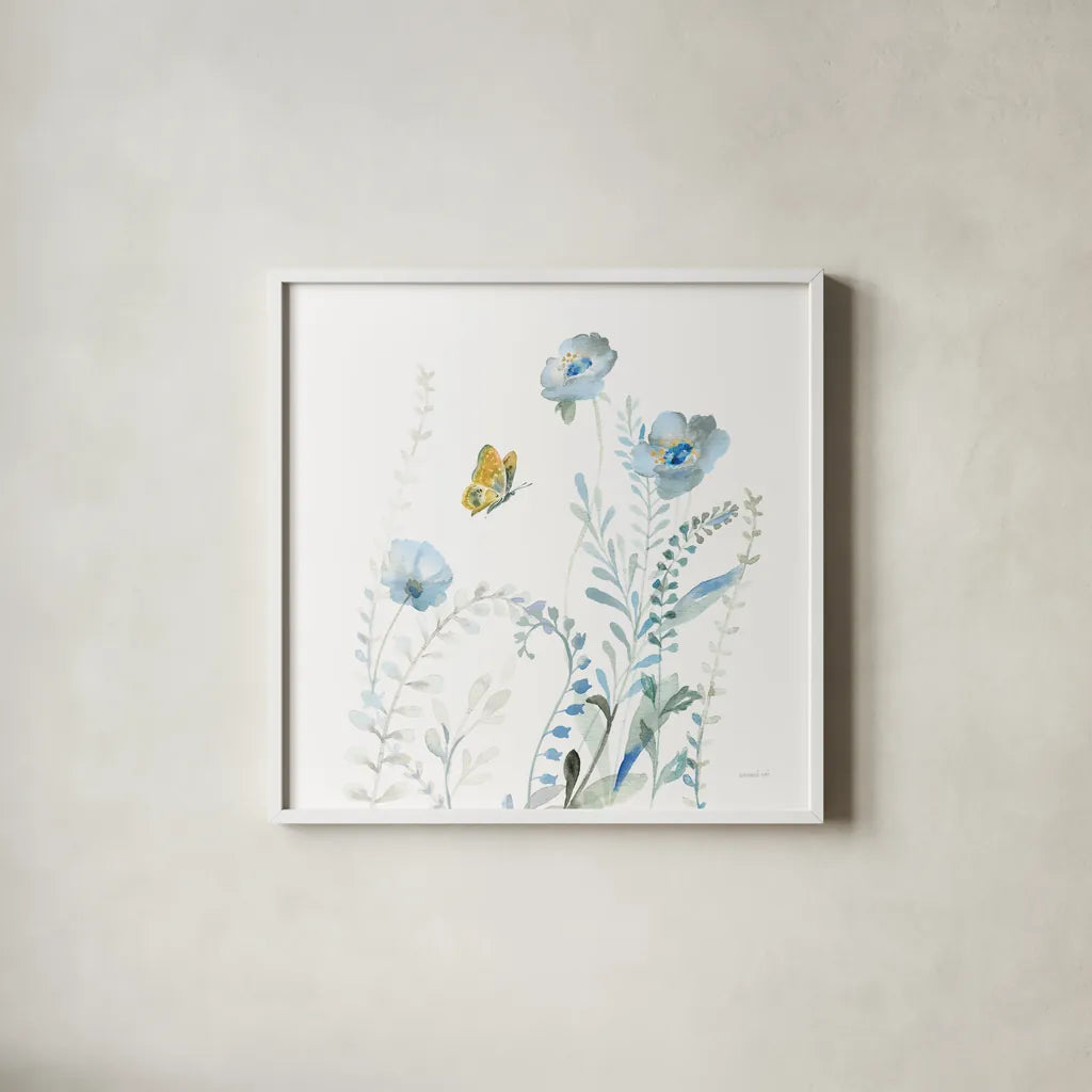 Blues of Summer VI by Danhui Nai. Shown in a crisp white glass frame for a clean and minimalist style. Available as an archival giclee rolled canvas, fine art paper, or poster print. SKU 63929a.