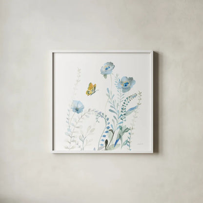 Blues of Summer VI by Danhui Nai. Shown in a crisp white glass frame for a clean and minimalist style. Available as an archival giclee rolled canvas, fine art paper, or poster print. SKU 63929a.