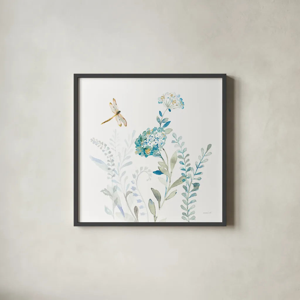 Blues of Summer VII by Danhui Nai. Shown in a sleek black glass frame for a contemporary gallery look. Available as an archival giclee rolled canvas, fine art paper, or poster print. SKU 63930a.