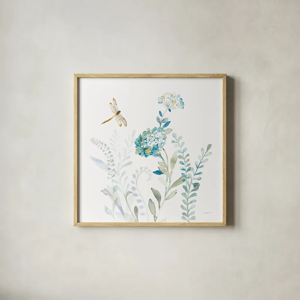 Blues of Summer VII by Danhui Nai. Shown in a natural wood glass frame for a timeless modern aesthetic. Available as an archival giclee rolled canvas, fine art paper, or poster print. SKU 63930a.