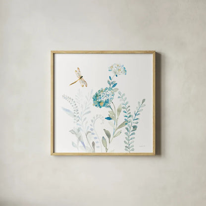 Blues of Summer VII by Danhui Nai. Shown in a natural wood glass frame for a timeless modern aesthetic. Available as an archival giclee rolled canvas, fine art paper, or poster print. SKU 63930a.
