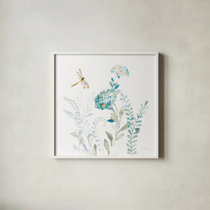 Blues of Summer VII by Danhui Nai. Shown in a crisp white glass frame for a clean and minimalist style. Available as an archival giclee rolled canvas, fine art paper, or poster print. SKU 63930a.