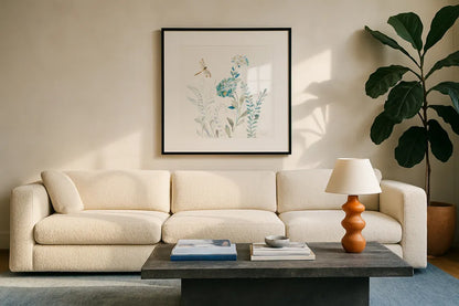 Blues of Summer VII by Danhui Nai. Displayed in a glass frame with matte in a clean modern living room. Available as an archival giclee rolled canvas, fine art paper, or poster print. SKU 63930a.
