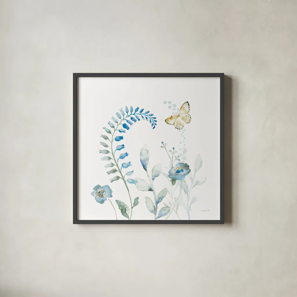 Blues of Summer VIII by Danhui Nai. Shown in a sleek black glass frame for a contemporary gallery look. Available as an archival giclee rolled canvas, fine art paper, or poster print. SKU 63931a.