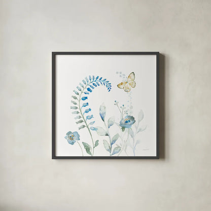 Blues of Summer VIII by Danhui Nai. Shown in a sleek black glass frame for a contemporary gallery look. Available as an archival giclee rolled canvas, fine art paper, or poster print. SKU 63931a.