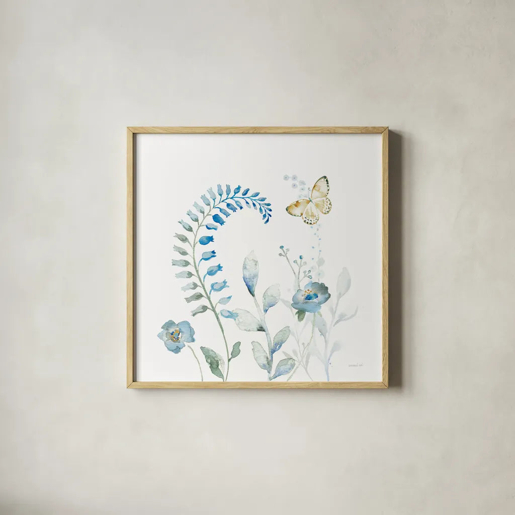 Blues of Summer VIII by Danhui Nai. Shown in a natural wood glass frame for a timeless modern aesthetic. Available as an archival giclee rolled canvas, fine art paper, or poster print. SKU 63931a.