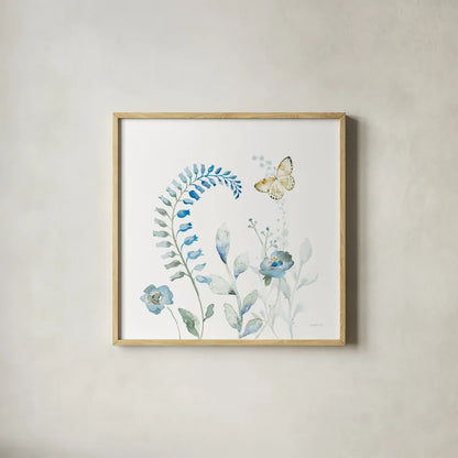 Blues of Summer VIII by Danhui Nai. Shown in a natural wood glass frame for a timeless modern aesthetic. Available as an archival giclee rolled canvas, fine art paper, or poster print. SKU 63931a.
