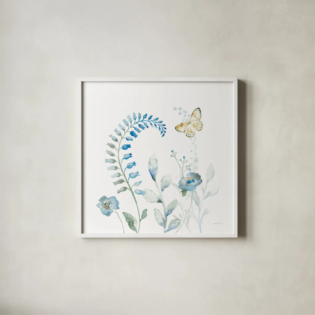 Blues of Summer VIII by Danhui Nai. Shown in a crisp white glass frame for a clean and minimalist style. Available as an archival giclee rolled canvas, fine art paper, or poster print. SKU 63931a.