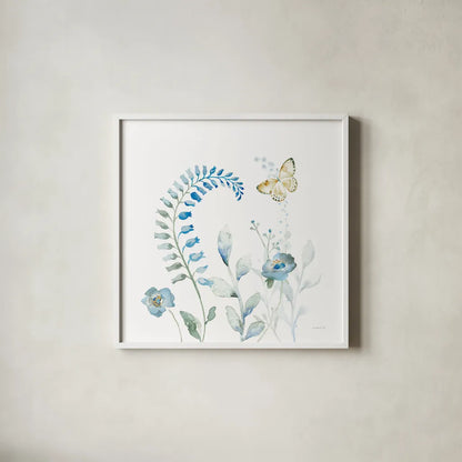 Blues of Summer VIII by Danhui Nai. Shown in a crisp white glass frame for a clean and minimalist style. Available as an archival giclee rolled canvas, fine art paper, or poster print. SKU 63931a.