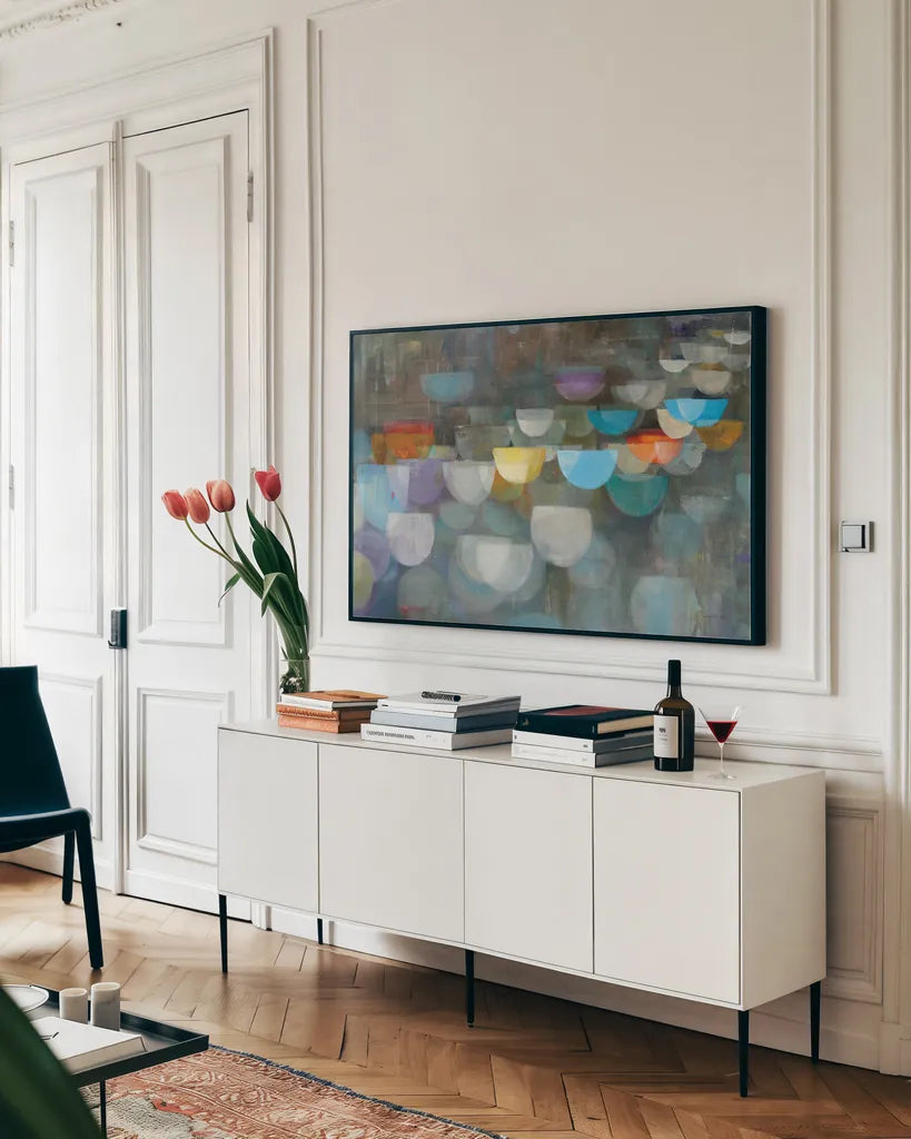 Blurry Lights Crop by Danhui Nai. shown as a framed stretched canvas in a living room above a console. Available as a archival giclee rolled canvas, fine art paper, or poster print. SKU 92720i.