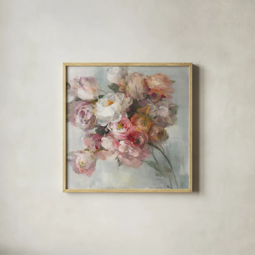 Blush Bouquet by Danhui Nai. Shown in a natural wood glass frame for a timeless modern aesthetic. Available as an archival giclee rolled canvas, fine art paper, or poster print. SKU 38231a.
