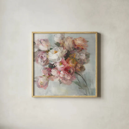 Blush Bouquet by Danhui Nai. Shown in a natural wood glass frame for a timeless modern aesthetic. Available as an archival giclee rolled canvas, fine art paper, or poster print. SKU 38231a.