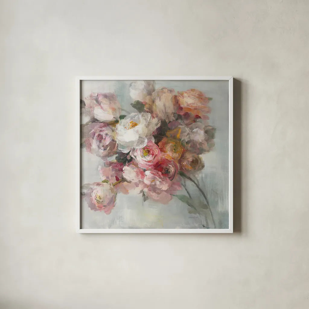 Blush Bouquet by Danhui Nai. Shown in a crisp white glass frame for a clean and minimalist style. Available as an archival giclee rolled canvas, fine art paper, or poster print. SKU 38231a.