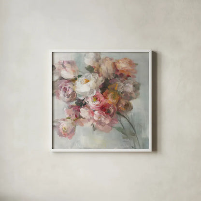 Blush Bouquet by Danhui Nai. Shown in a crisp white glass frame for a clean and minimalist style. Available as an archival giclee rolled canvas, fine art paper, or poster print. SKU 38231a.